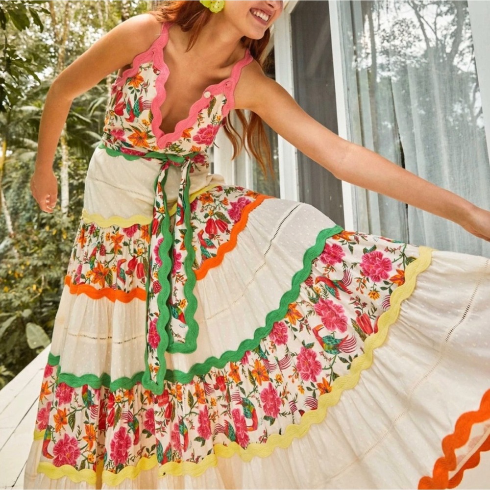 FARM Rio Toucans Garden Maxi Dress Women's XS NWT Floral Belted V-Neck